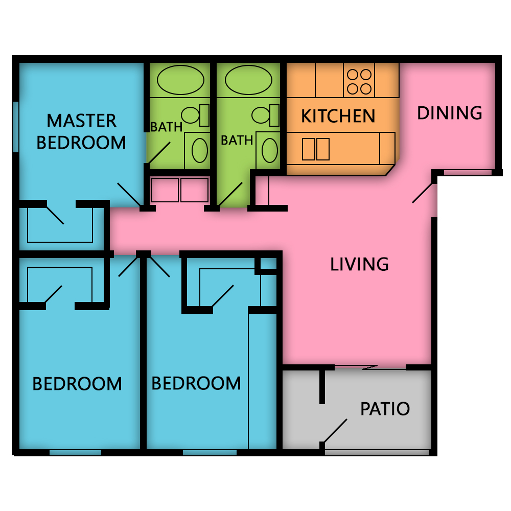 This image is the visual schematic floorplan representation of The Hawaii at Silver Palms Apartments.